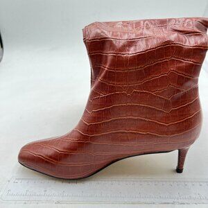 Brown Crocodile Stretchy Knee High Boot Square Toe Kitten Heels Long Boots
